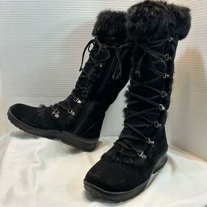 BearPaw Black Suede Rabbit Fur Trim Tall Boots Women 8 Wool Lined Lace Up Zipper